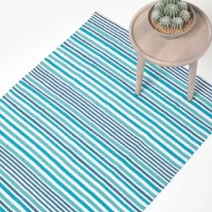 Modern Blue Scandinavian Style Striped Cotton Rug, 60 x 100cm - Blue - Homescapes