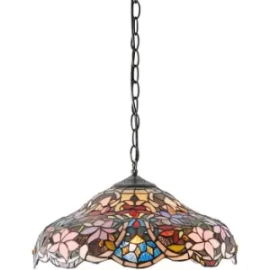 Floral Tiffany Glass Design Ceiling Pendant Light - Dark Bronze Effect Fitting