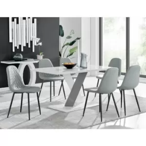 Monza 6 White/Grey Dining Table & 6 Grey Corona Faux Leather Dining Chairs with Black Legs Diamond Stitch - Elephant Grey