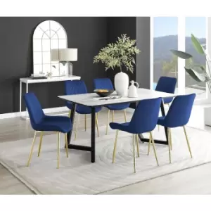 Furniturebox Carson White Marble Effect Rectangular 160cm Dining Table & 6 Navy Pesaro Gold Leg Velvet Chairs