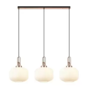 Luminosa Linear 3 Light Pendant E27, Copper, Matt Black With 30cm Round Ribbed Opal Glass