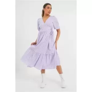 I Saw It First Lilac Gingham Puff Sleeve Tiered Wrap Midi Dress - Purple