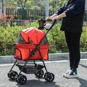PawHut No-Zip Pet Stroller Dog Cat Travel Pushchair One-Click Fold Trolley Jogger with EVA Wheels Brake Basket Adjustable Canopy Safety Leash Red