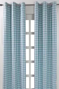 Cotton Block Check Gingham Eyelet Curtain Pair