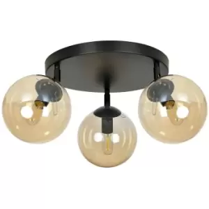 Emibig Tofi Black Globe Ceiling Light with Amber Glass Shades, 3x E14