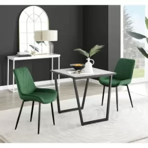 Furniturebox Carson White Marble Effect Square Dining Table & 2 Green Pesaro Black Leg Velvet Chairs