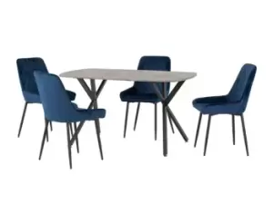 Seconique Athens Concrete Effect Dining Table with 4 Avery Blue Velvet Chairs