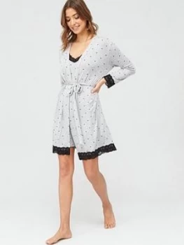 Pour Moi Spot Print Jersey Lace Trim Robe - Grey Marl