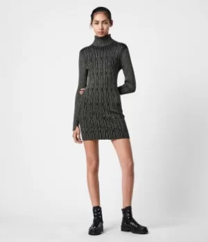 AllSaints Womens Knitted Regular Fit Rosa Cable Dress, Black and Gold, Size: M