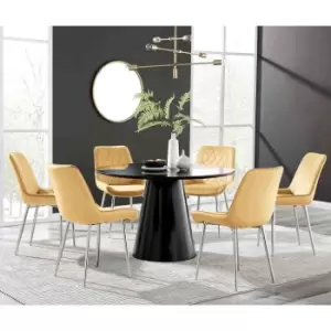 Furniture Box Palma Black Semi Gloss Round Dining Table and 6 Mustard Pesaro Silver Leg Chairs