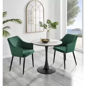 Furniturebox UK - Furniturebox Elina White Marble Effect Modern 80cm Round Dining Table & 2 Green Calla Black Leg Velvet Chairs