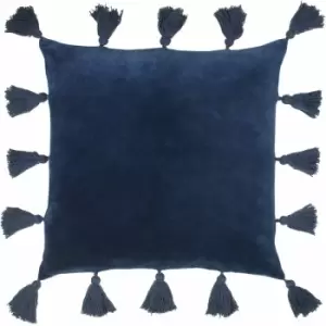 Furn Medina 100% Cotton Faux Velvet Tasselled Cushion Cover, Navy, 45 x 45 Cm