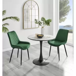 Furniturebox Elina White Marble Effect Modern 80cm Round Dining Table & 2 Green Pesaro Black Leg Velvet Chairs