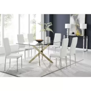 Furniturebox Leonardo 150cm Modern Glass And Gold Metal Dining Leg Table And 6 White Milan Faux Leather Silver Chrome Leg DiningChairs