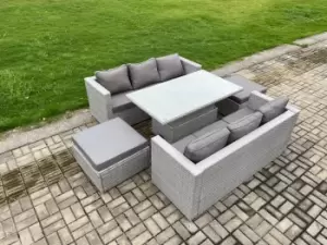 Fimous 6 Seater Outdoor Light Grey Rattan Lounge Complete Sofa Set with Height Adjustable Table and 2 Big Footstools