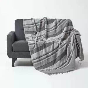 Cotton Morocco Striped Grey Throw, 225 x 255cm - Grey - Homescapes