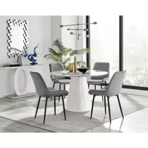 Furniturebox Palma White Marble Effect 120cm Round Minimalist Dining Table & 4 Grey Pesaro Black Leg Velvet Chairs