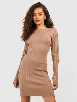 Boohoo Rib Knitted Mini Dress - Taupe, Beige, Size 12, Women