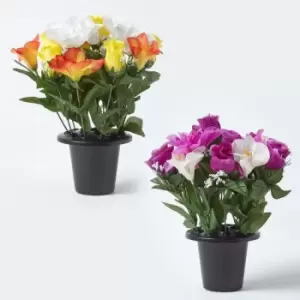 Homescapes - Set of 2 Purple, Orange & White Roses & Peonies Artificial Flowers in Grave Vases