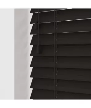 Dark Walnut 50mm Fine Grain Slatted Faux Wood Venetian Blinds with Strings 130cm Drop