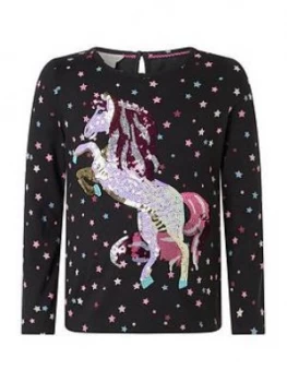 Monsoon Girls S.E.W. Sequin Horse Long Sleeve Top - Charcoal