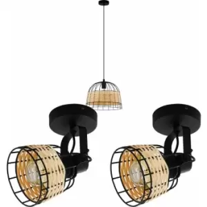 Ceiling Pendant Light & 2x Matching Wall Lights Black Wire & Wicker Wood Lamp