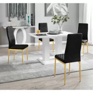 Furniture Box Imperia 4 White Dining Table and 4 Black Velvet Milan Gold Leg Chairs