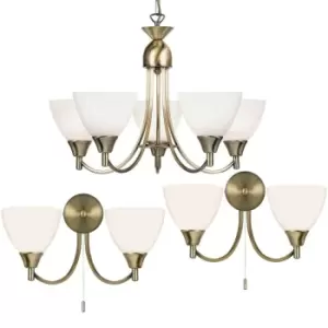 5 Lamp Ceiling & 2x Twin Wall Light Pack Antique Brass Glass Matching Fittings