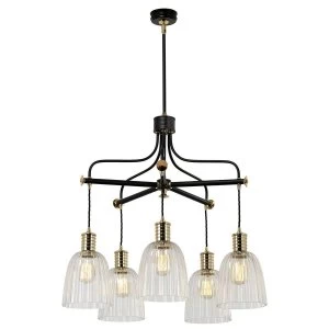 5 Light Chandelier Black, Polished Brass Finish, E27