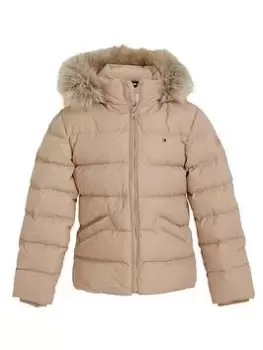 Tommy Hilfiger Girls Essential Down Faux Fur Hood Jacket - Merino, Beige, Size 12 Years, Women