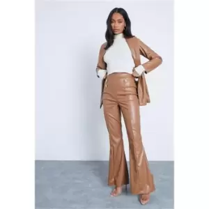 I Saw It First Chocolate Faux Leather Military Button Flared Trousers - Brown