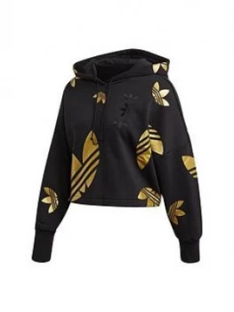 adidas Originals Large Logo Crop Hoodie - Black/Gold, Size 8, Women