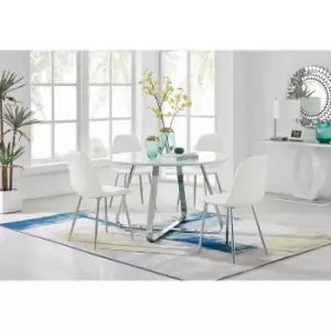 Furniture Box Santorini White Round Dining Table and 4 White Corona Silver Leg Chairs