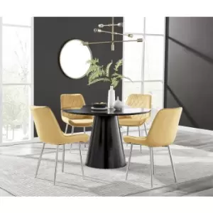 Furniturebox Palma Black Semi Gloss 120cm Round Minimalist Dining Table & 4 Mustard Pesaro Silver Leg Chairs