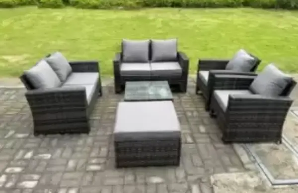 Fimous 6 Seater Outdoor Dark Grey Rattan Lounge Complete Sofa Set with Square Coffee Table and Big Footstool