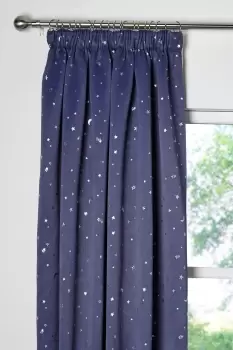 Moon and Stars Lined Thermal Blackout Pencil Pleat Curtains - Size: 66x54" - Blue