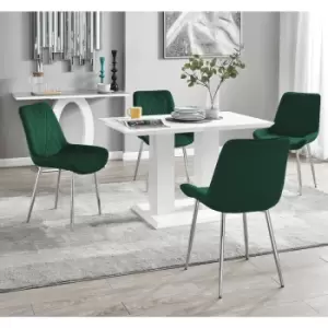 Furniturebox UK - Furniturebox Imperia 4 High Gloss White Modern Dining Table And 4 Green Pesaro Velvet Dining Chairs With Silver Legs Diamond