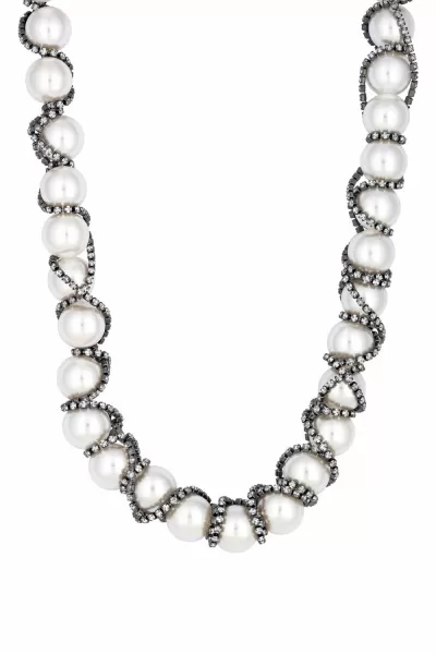 Hematite Crystal And Pearl Oversized Wrapped Necklace