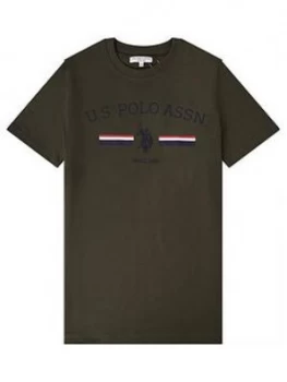 U.S. Polo Assn. Boys Striped Rider Print Short Sleeve T-Shirt - Khaki, Size 12-13 Years