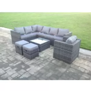 Fimous 7 Seater Outdoor Dark Grey Rattan Lounge Complete Sofa Set with Square Coffee Table and 2 Stools