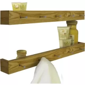 Ellis - 2 pack - Wall Mounted 80cm Floating Shelf with 5 Hooks - Oak - Oak