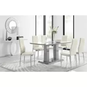 Furniturebox Imperia 6 High Gloss Grey Modern Dining Table and 6 Cream Milan Faux Leather Dining Chairs With Silver Legs Diamond Stitch Modern