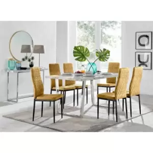 Furniture Box Kylo White Marble Effect Dining Table and 6 Mustard Velvet Milan Black Leg Chairs