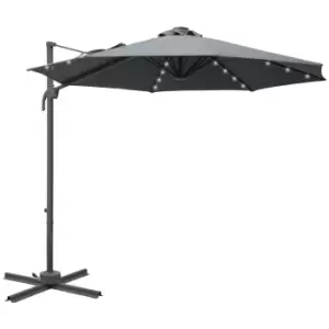 Outsunny 3(m) Cantilever Roma Parasol Patio Sun Umbrella with Crank & Tilt LED Solar Light Cross Base 360° Rotating Outdoor, Dark Grey