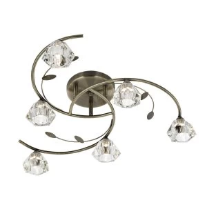 6 Light Semi Flush Multi Arm Ceiling Light Antique Brass and Glass, G9