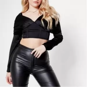 I Saw It First Satin Drape Puff Sleeve Corset Crop Top - Black