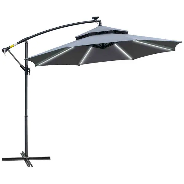 Outsunny 3m Cantilever Banana Parasol w/Solar LEDs - Grey