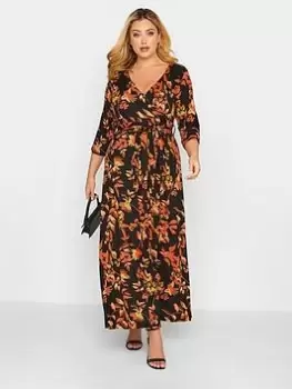 Yours 3/4 Sleeve Wrap Front Dress - Multi, Black, Size 16, Women