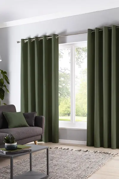 Fusion 'Sorbonne' 100% Cotton Light Filtering Plain Dyed Eyelet Curtains Bottle Green