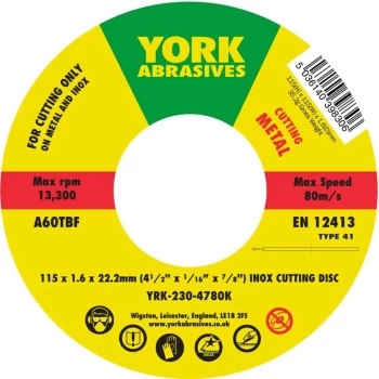 York - 115 X 1.6 X 22MM A 60 T-BF Inox Thin Reinforced Flat Cutting Dis- you get 5